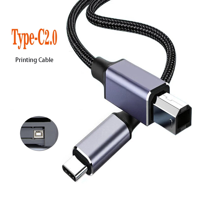 Square Printing Cable Type C to USB 2.0 Braided Extend Cord Data Transmit Laptop Notebook Printer Adapter Wire Converter