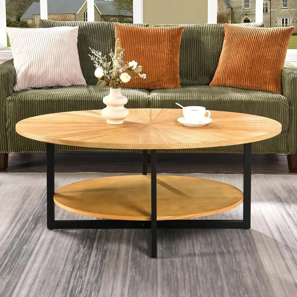 โต๊ะกาแฟทรงรีอุตสาหกรรมสมัยใหม่ 43.3 พร้อมชั้นวาง 2 ชั้น ไม้ธรรมชาติสำหรับห้องนั่งเล่นขนาดเล็ก