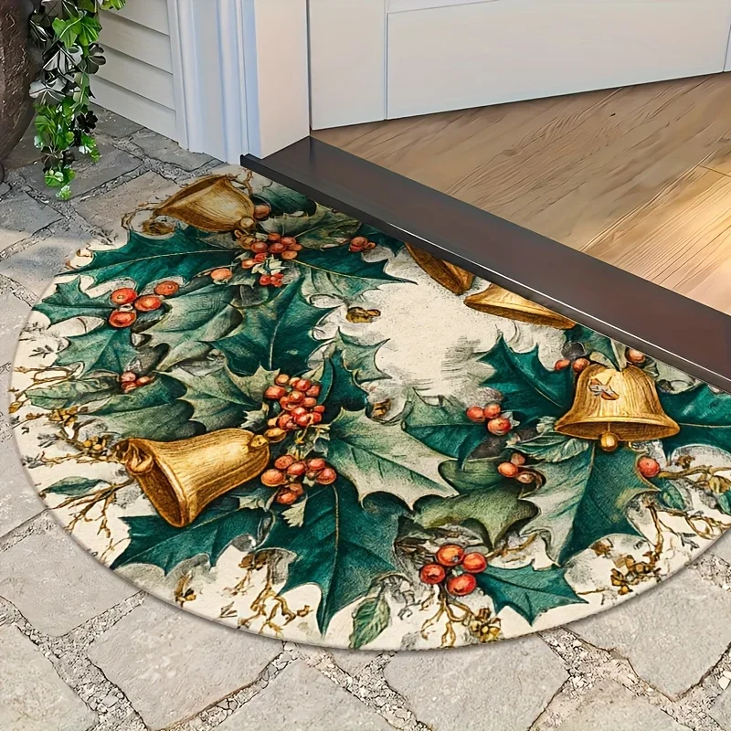 Vintage Christmas Berry Bell Fluffy Semi Circle Doormat Elegant Green Leaves Rug Classic Welcome Floor Mat For House Entrance