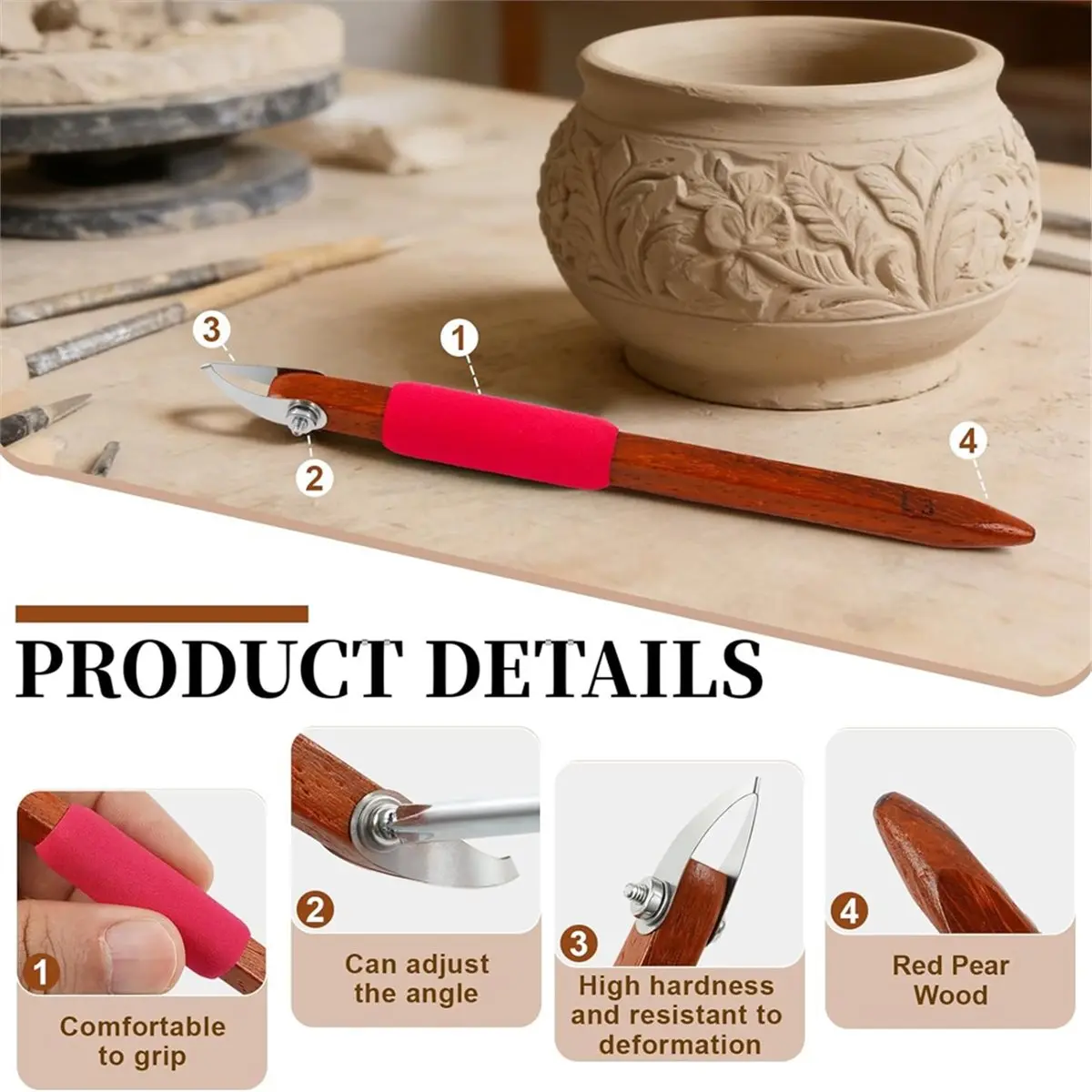 L3 V-Shaped Pottery Carving Tool Stainless Steel Wood Handle for Crisp Lines, Sgraffito, , and Detail Work