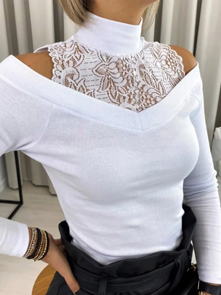 Women Casual O Neck Solid Blouse Shirt Sexy Ladies Hollow Out Lace Pullover Tops Spring Autumn Long Sleeve Elegant Shirt Blusas