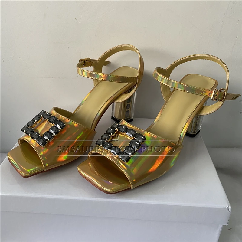 Unique High Heel Ankle Strap Sandals Women Luxury Laser Patent Leather Diamond Square Buckle Summer Shoes