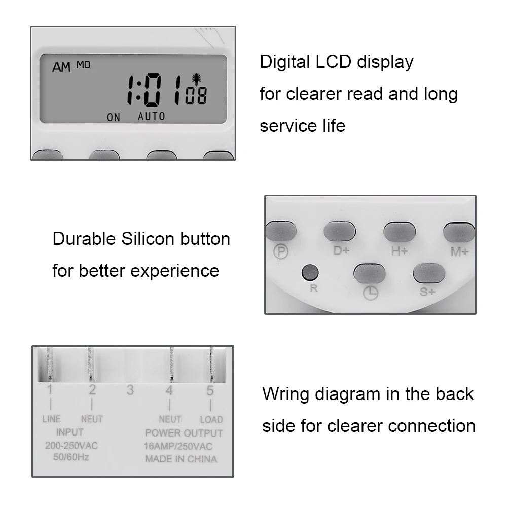 Gaqqee 1 Second Interval 12V 24V 110V 220V Digital LED Timer Switch 7 Days Weekly Programmable Time Relay Programmer CN101S