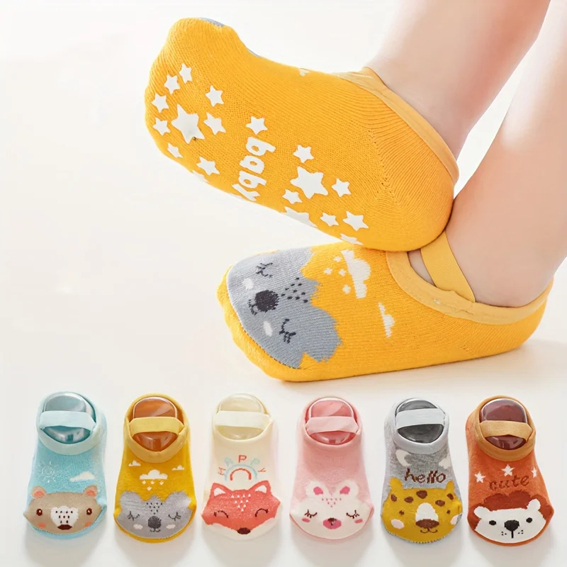 6 pairs of boys and girls' anti slip socks with cute cartoon animal patterns, comfortable and breathable baby floor socks
