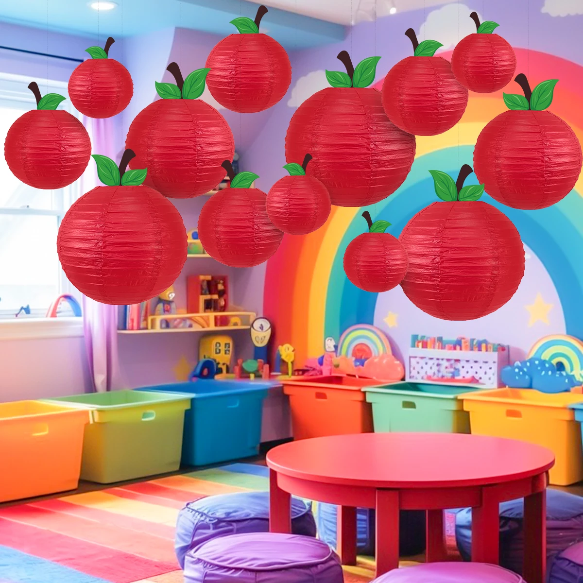 4 Stück/Set 3D rote Apfel-Papierlaternen, Schulanfang-Thema, hängende Ornamente, Hintergrund für Kinder, Schulparty-Dekoration – Detail 6
