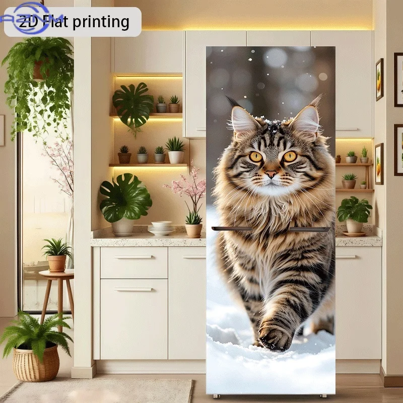 Refrigerator Sticker Snowy Cute Cat Walking Theme Design Wall Sticker Decorative Wallpaper Self-Adhesive Suitable for Cabinets