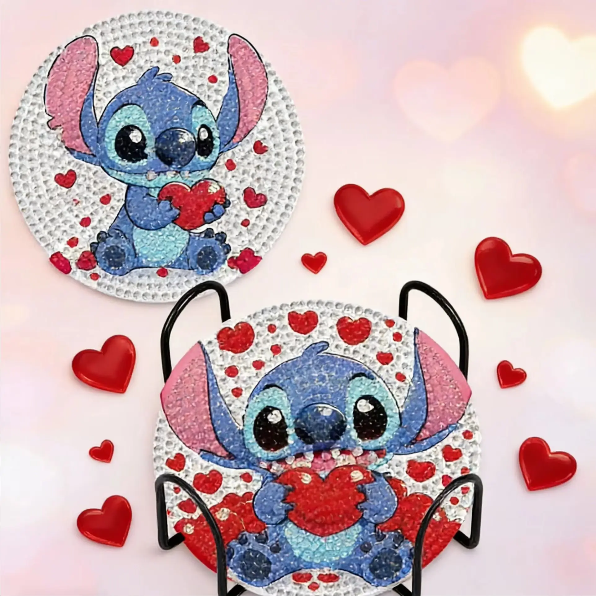 Hot Purple Alien DIY Rhinestone Coaster Set with Holder Slip Resistant Cute Cartoon Home Decor Gift