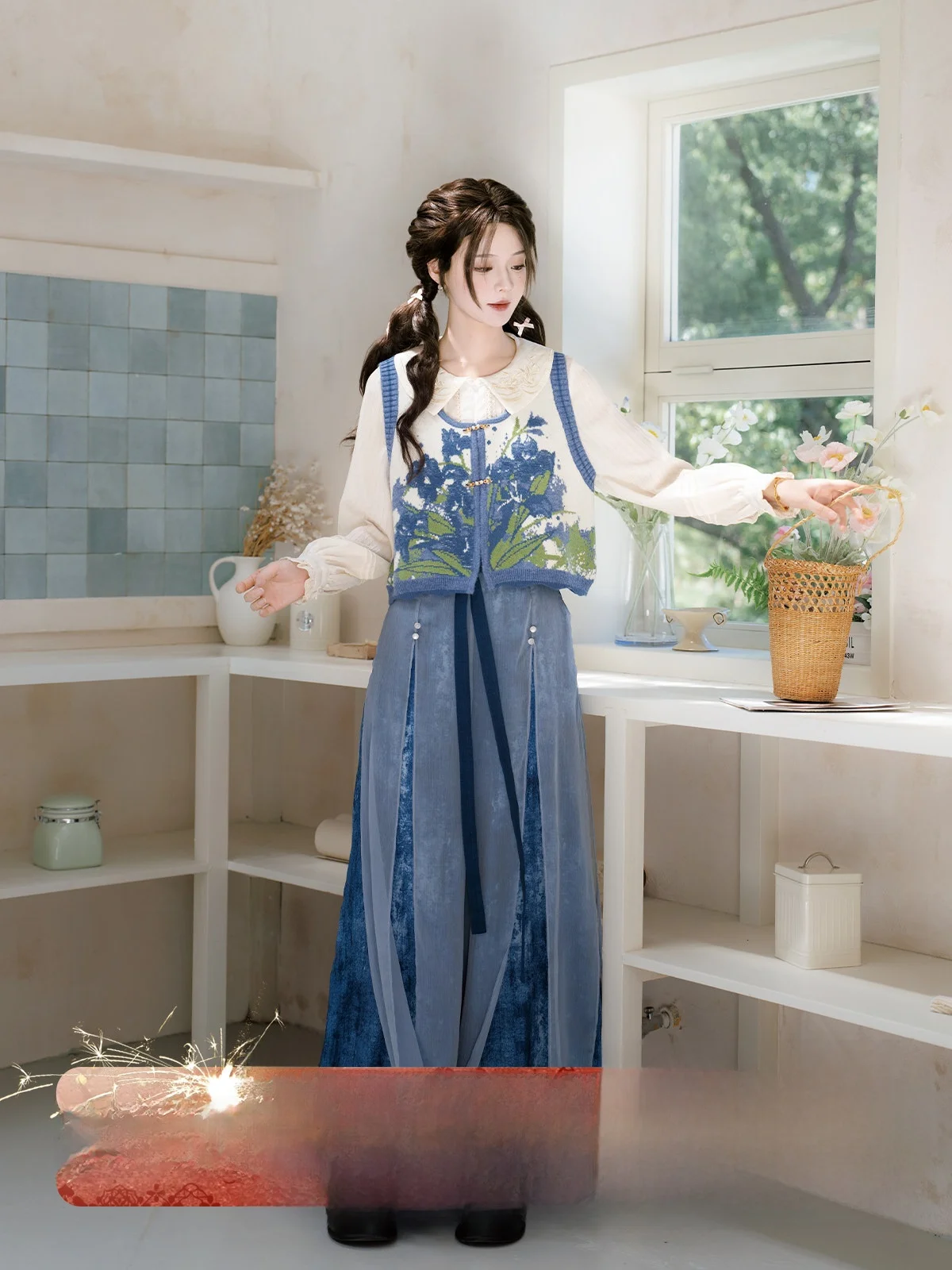 

Original Knitted Embroidered Vest Wide Leg Pants Hanfu Sle Women's Faion Autumn Collection by Luoxi Dongxiang Brand