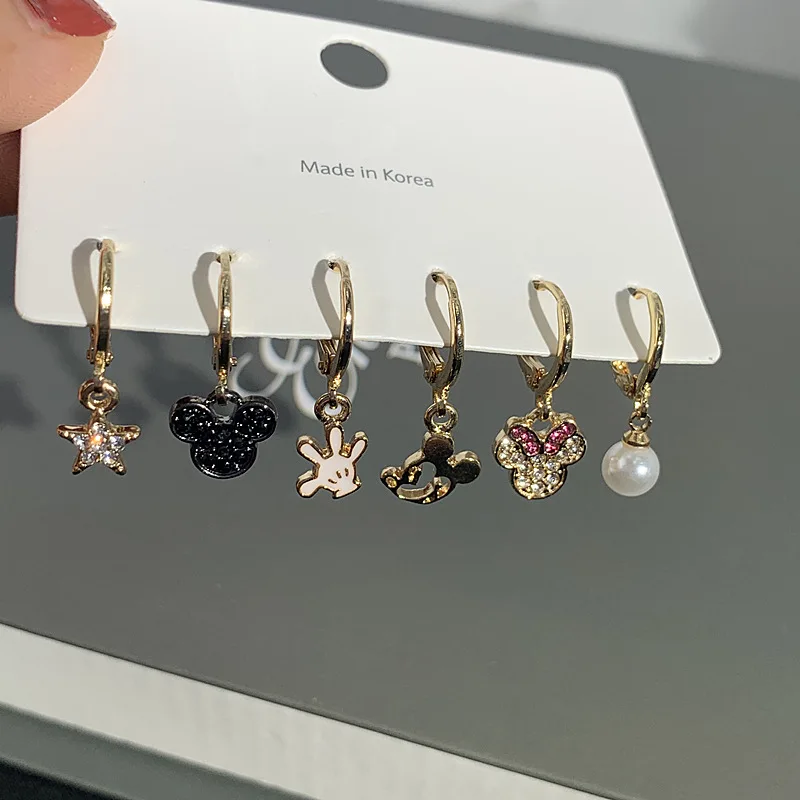 Disney 6Pcs/set S925 Needle Cute Mickey Minnie Earrings Jewelry Bowknot Pearl Pendant Earrings for Women Girl Christmas Surprise