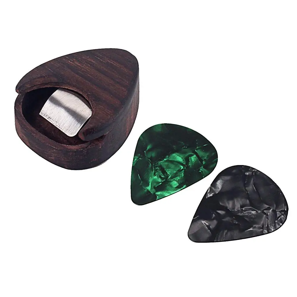 Rosewood Adhesive Pick Case Box Organizer Pickholder with 2pcs Picks Plectrums for Guitars Bass Ukulele Banjo Mandolin