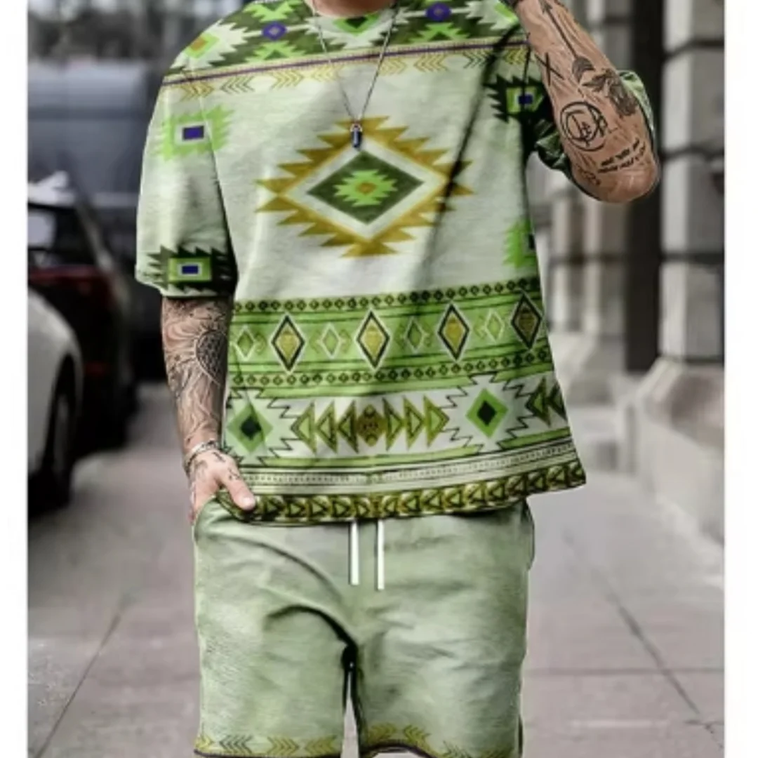 Summer Retro ethnic Style Men\'s Shorts Sets Casual T Shirts+Shorts 2PCS Outfits 3D Print Man Clothes Oversized O-Neck Sportswear