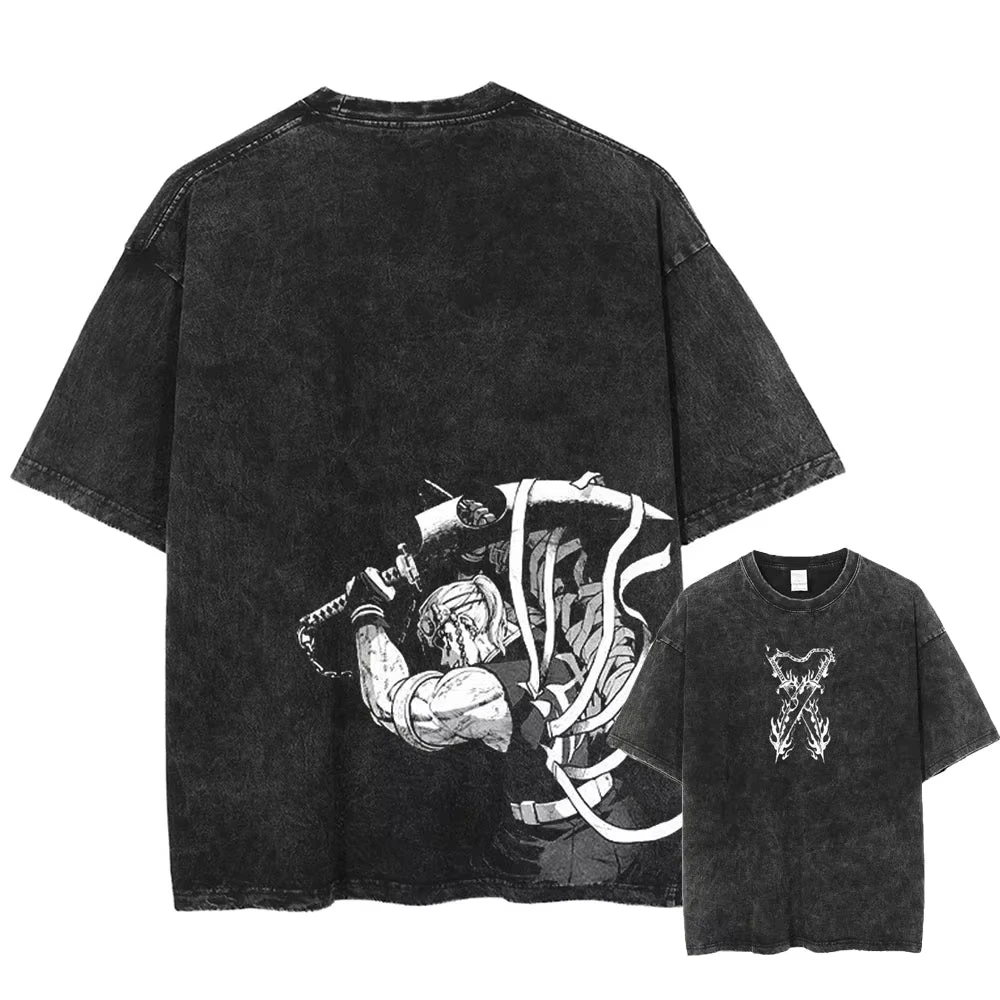 

2025 Vintage Washed Tshirts Anime Demon Slayer T Shirt for Men Harajuku Tee Cotton Fashion Streetwear Unisex Tops
