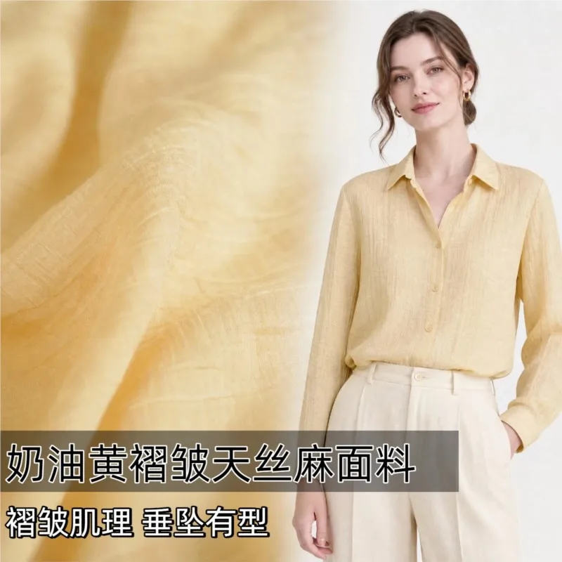Soft drape cream-colored pleated linen fabric designer for shirts dresses and trousers