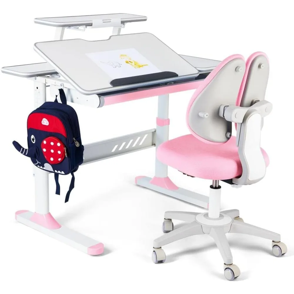 

Premium Kids Study Desk and Chair Set,Adjustable Girls School Writing Study Table,Ergonomic Desk Chair with Large Writing Board