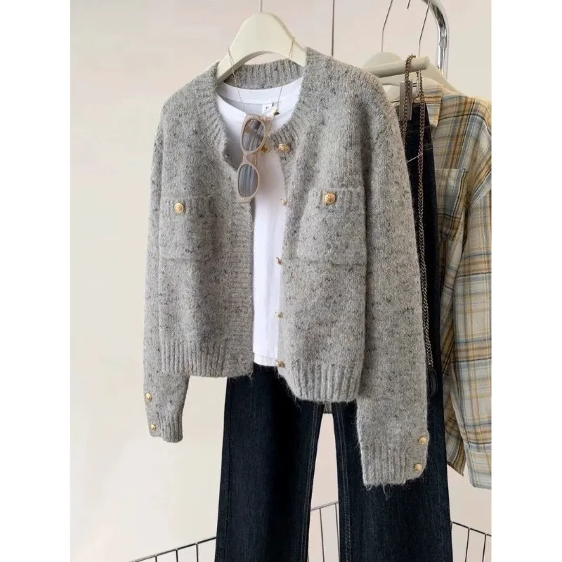 Women's Gray Knitted Cardigan Spring Autumn New Style Lazy Style Outer Wear Fashion High End Sweater Coat Top