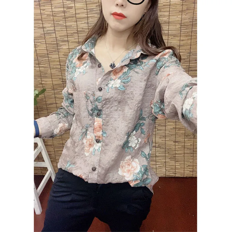 Cotton Hemp Retro 2024 Autumn Winter New Women\'s Blouse Polo-Neck Button Printed Loose All-match Aesthetic Long Sleeve Shirt