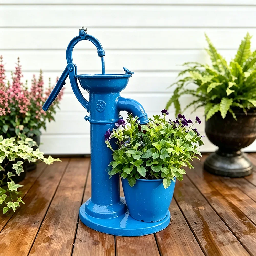 Water Pump Style Plant Pot, Vintage Iron Garden Planter with Side Holder, Patio Yard Decor for Balcony Home
