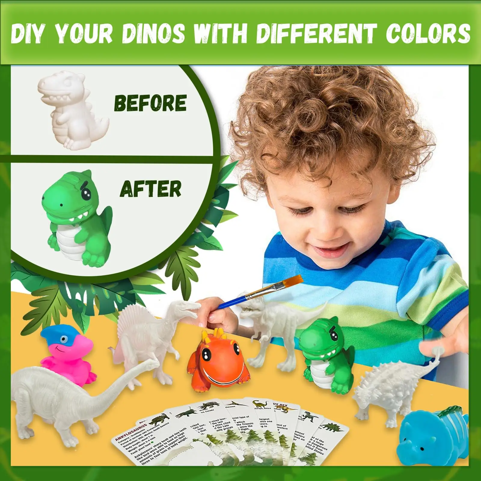 Dinosaur Painting Kit for Kids 3-8 with 8 Figurines & Jungle Map, Arts Craft Sets in Dinosaur Storage Box