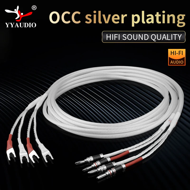 YYAUDIO One Pair High-end 7N OCC Silver Plated Speaker Cable For Hi-fi Systems Y Plug Banana Plug Speaker Cable