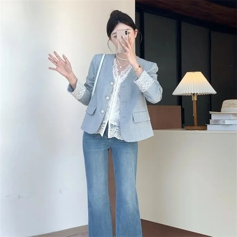 

High-grade Fragrance Lace Stitching Single-Breasted Short Coat Women's Autumn Temperament Age-reducing Top Coat Women's Jacket