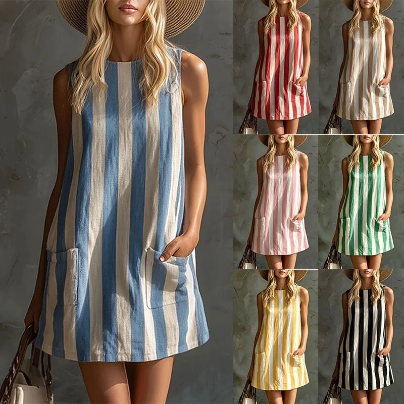 Fashion Vintage Striped New Sleeveless Round Neck Midi Dress Women Casual EU US Gown