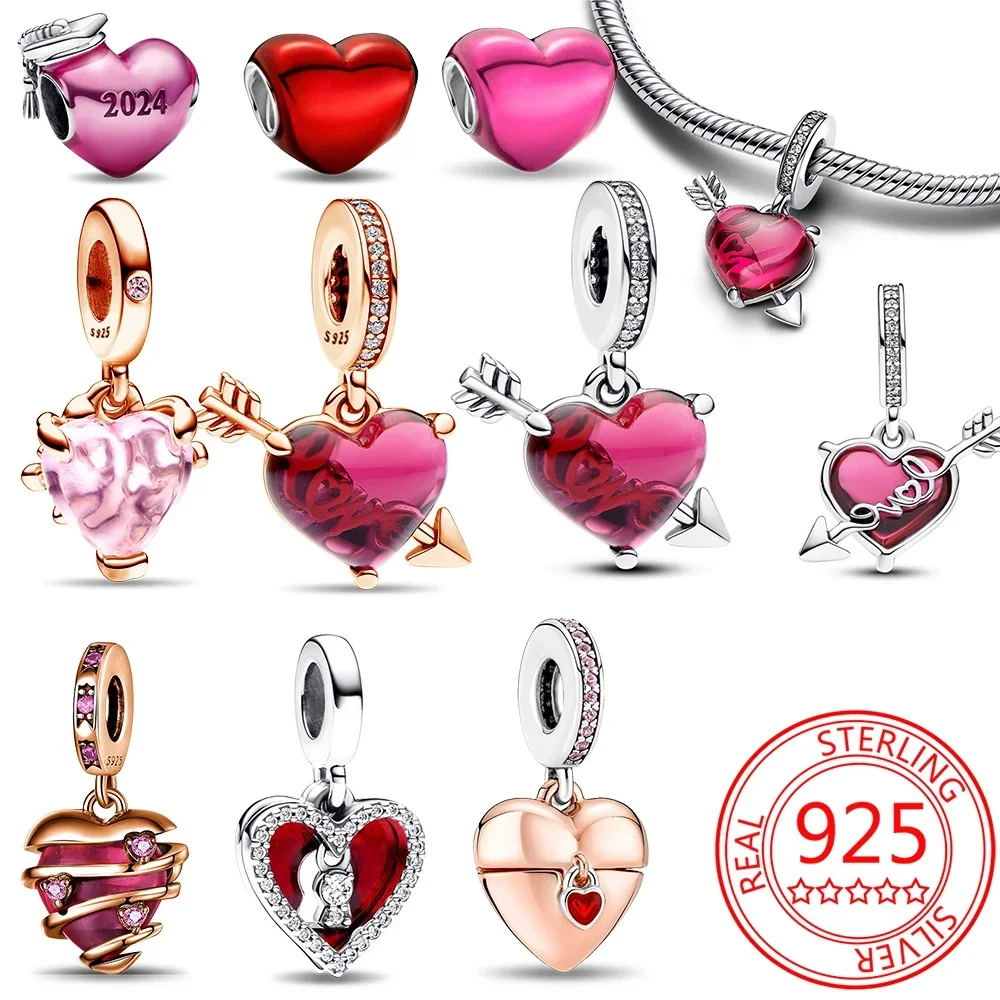 925 Sterling Silver Sparkling Pink Heart Charm Pendant Beads Fit Pandora Original Bracelet for Women Valentine Day Jewelry Gifts