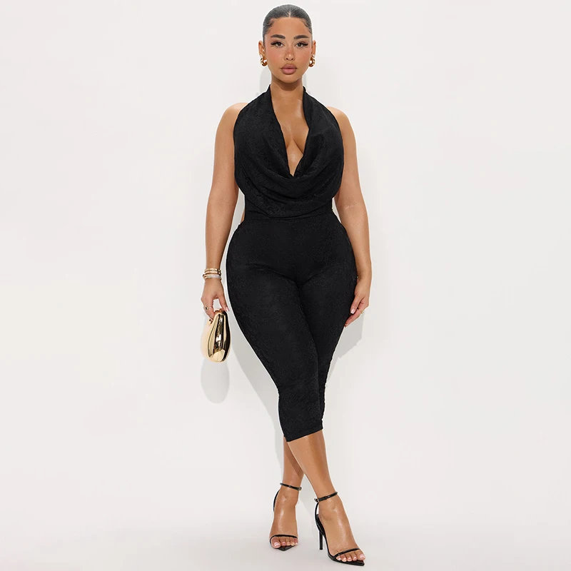 

CUTENOVA Women'S Sexy Solid Color Lace Patchwork Swing Collar Hanging Neck Big Backless Skinny Jumpsuit Summer Elegant Jumpsuit