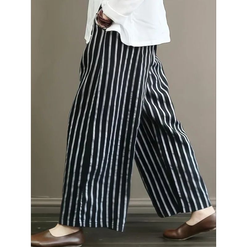 حجم كبير 1XL-5XL السراويل الصيفية النسائية مخطط واسعة الساقين تظهر التخسيس ﻿