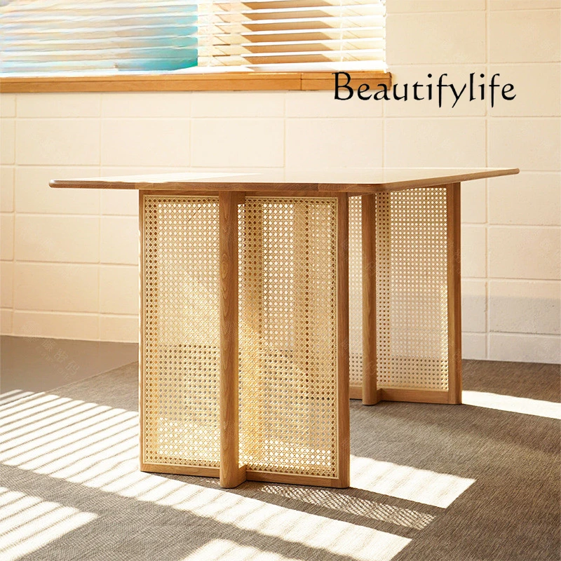 Nordic medieval rattan dining table household simple small apartment rectangular solid wood dining table