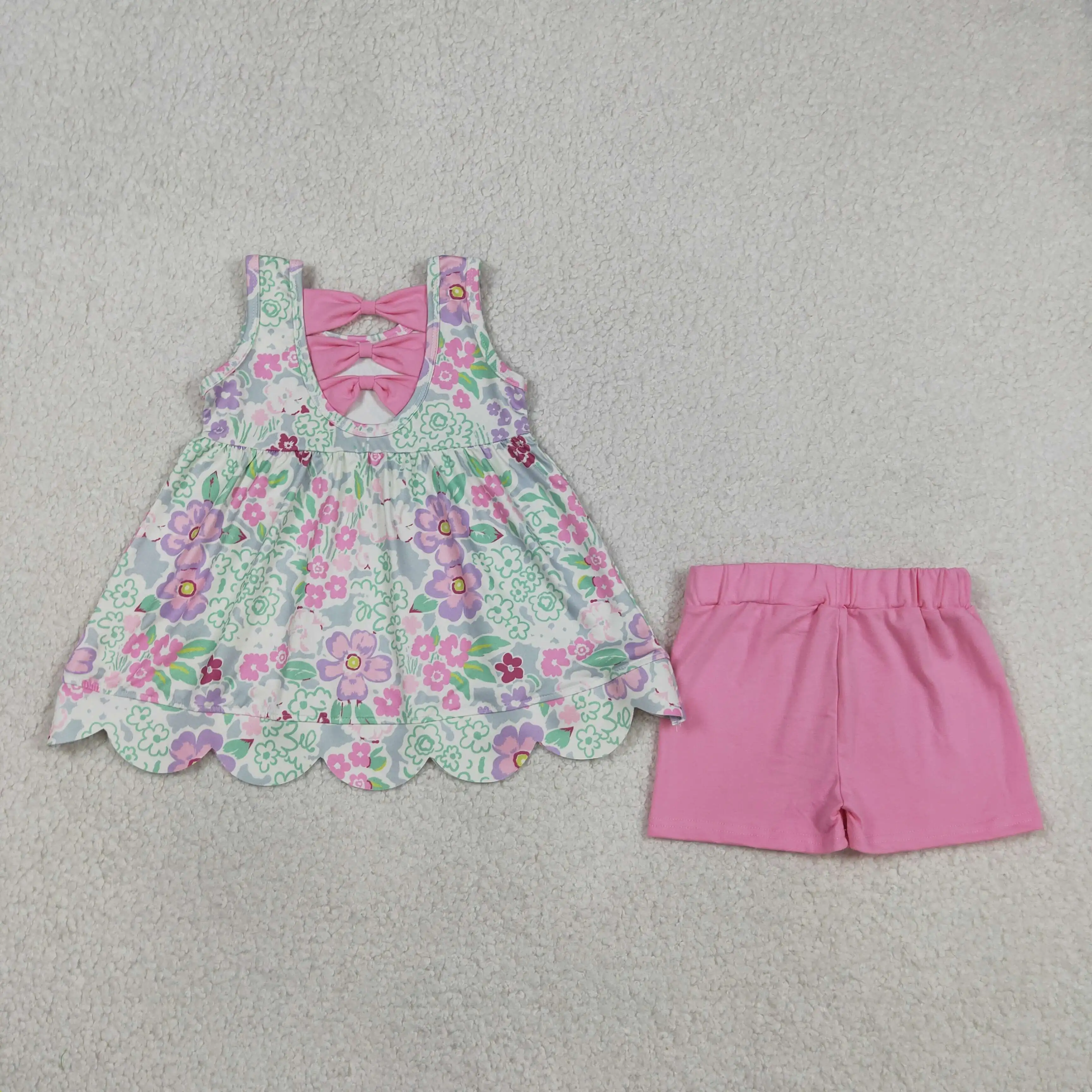 Wholesale Children Toddler Flower Outfit Baby Girl Sleeveless Floral Bows Tunic Kids Ruffle Shorts Set Girls Summer Clothes