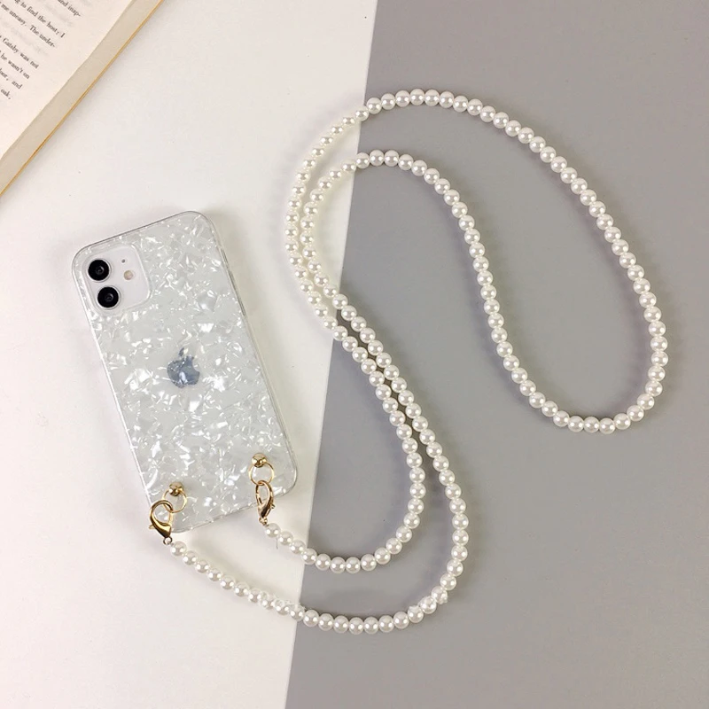 

Crossbody Lanyard Necklace Pearl Bracelet Shell Pattern case with Chain for iPhone 15 11 12 13 14 Pro Max XR X XS 7 8 plus Cover