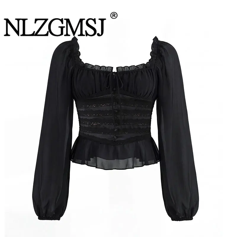 

NLZGMSJ 2026 Spring Casual Women Blouse Black Solid Square Collar Long Sleeve Single Breasted Blouse New Fashion Shirts