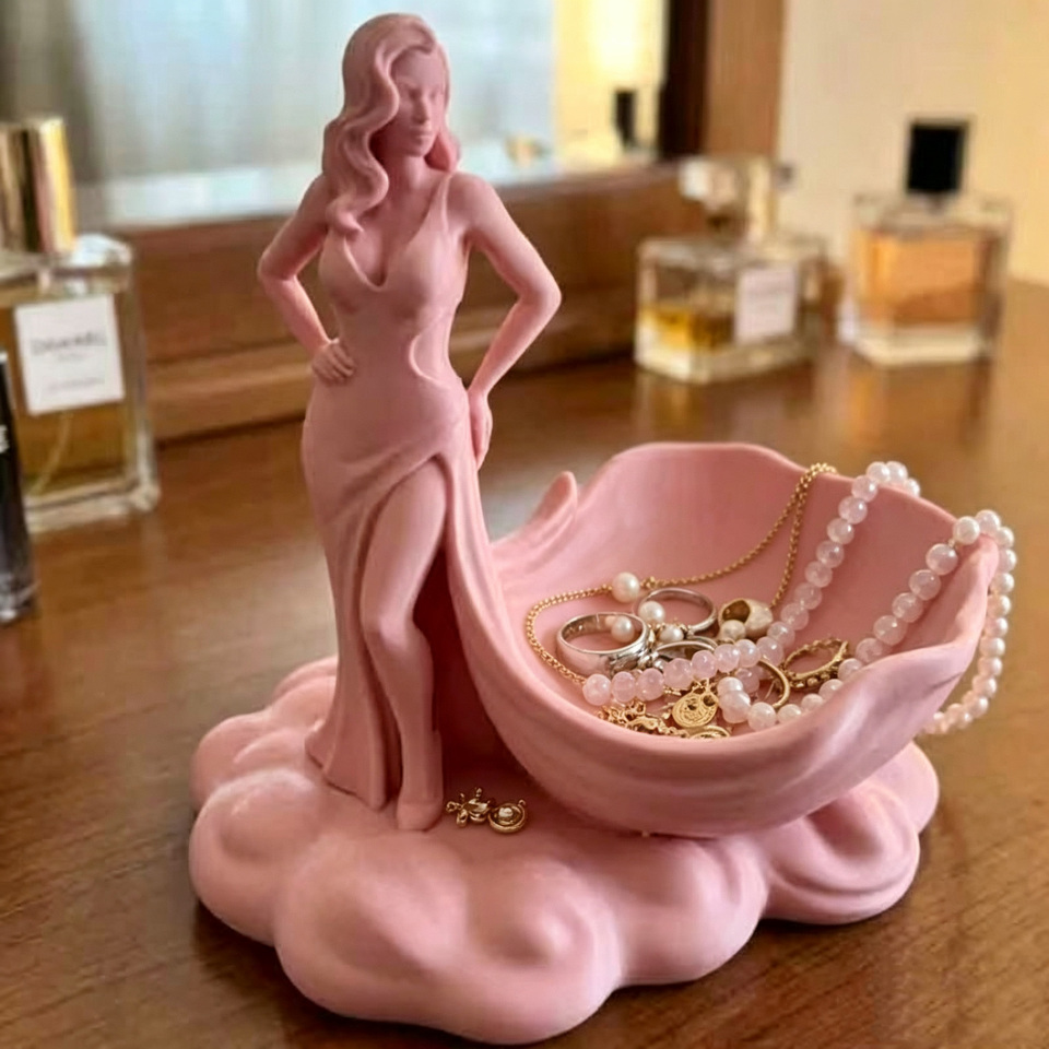  Goddess Shell Jewelry Tray Resin Trinket Dish Woman Figurine Ring Earrings Holder Desktop Storage Organizer Vanity Table Decor 