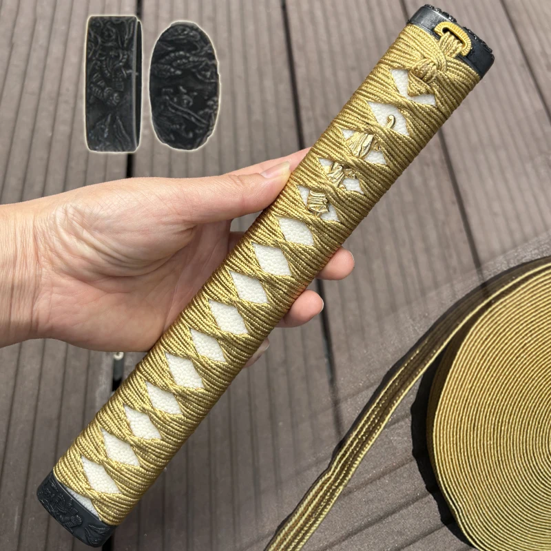 Gold Silk Ito,Pure Silk, Samurai Sword Tsuka,Real Same, Metal Fuchi Kashira,Handle Of Japanese Katana,Sword Accessories,26CM