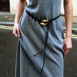 HUANZHI Hollow Irregular Metal Pendant Black Leather Rope Necklace for Women Girls Waist Chain Sweater Chain Trend Jewelry Gifts