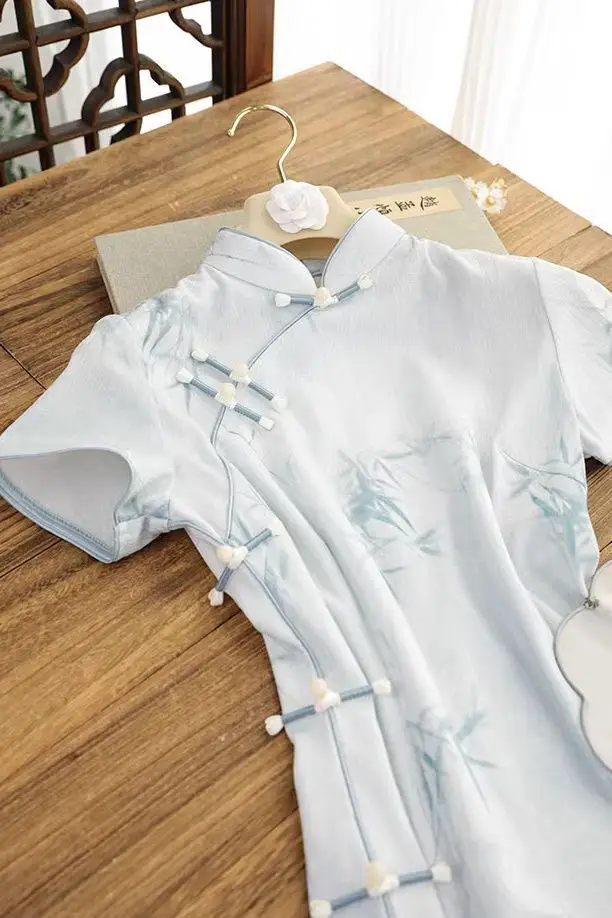 

Винтажное Ципао в китайском стиле, лето 2021, синее улучшенное новое элегантное платье Cheongsam с короткими рукавами и бамбуковым принтом для женщин