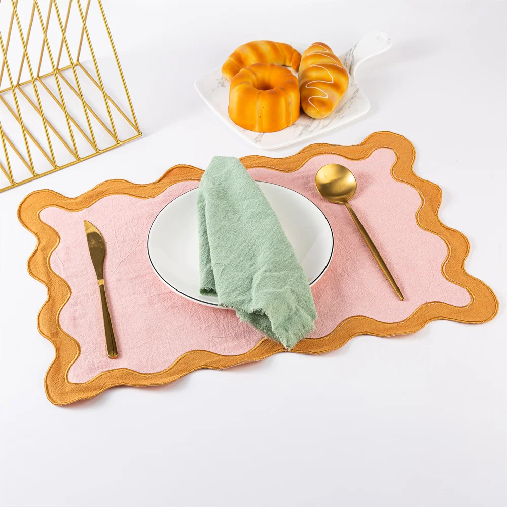 1pcs Pink Clay & Turmeric 100% cotton Scalloped Placemats Wedding Decorations Cotton placemats 50*35CM Countryside Style