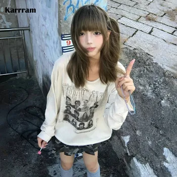 חולצת הדפס יפנית Karrram Y2k Punk Grunge Aesthetics Distressed Tops Trashy Vintage 2000s חולצת שרוול ארוך אמריקאית רטרו