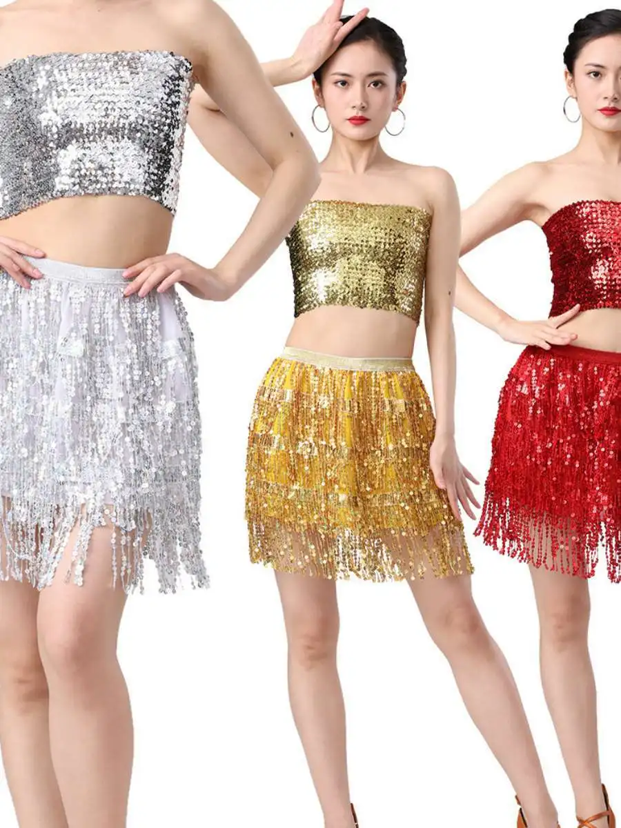 Inline gland jupe danse du ventre Performance Costume paillettes f-longueur jupe loween tenue Festive ethnique femmes Dr