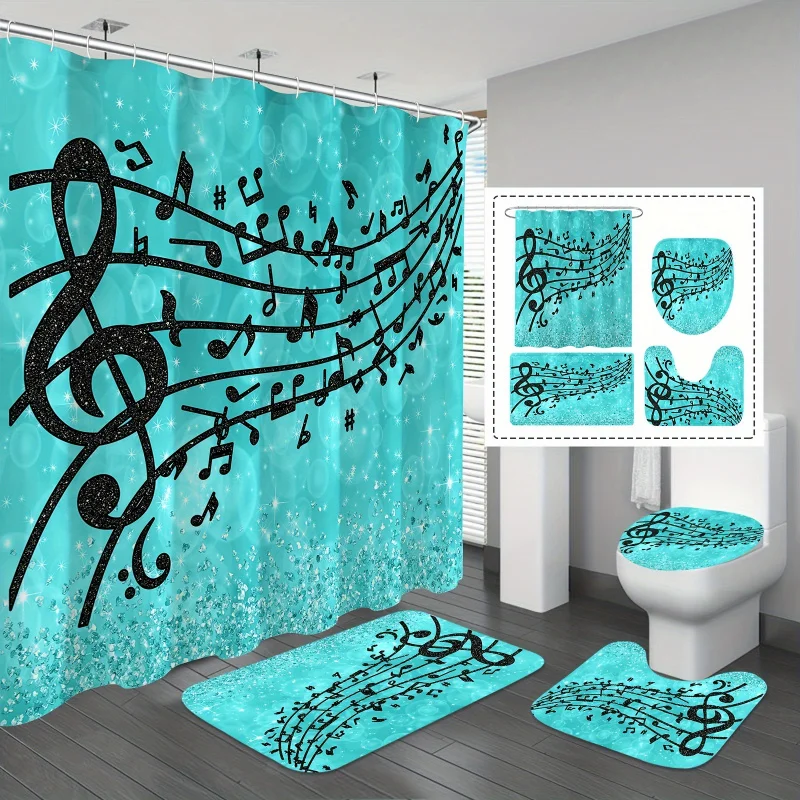 1/4pcs Teal Glitter Music Notes Bathroom Essentials Set: Waterproof Shower Curtain with 12 Hooks, Non-Slip Bathroom Rug, Toilet