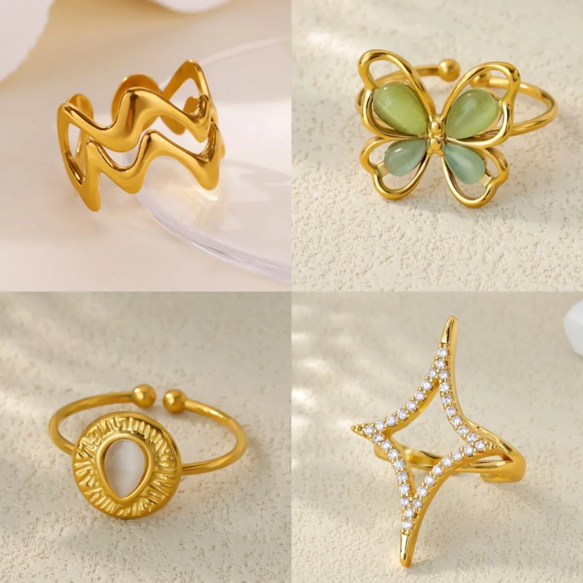 

Exquisite Zircon Rings for Woman Minimalist Gold Color stainless steel Four-Leaf Clover Rings Fashion Party Jewelry Accessories