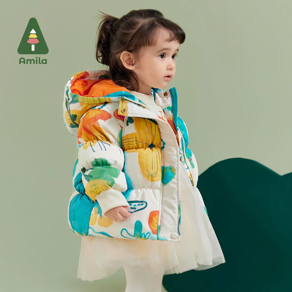 Amila Baby Girl Down Jacket 2024 Winter New Hooded Fleecing Soft Fashion Warm Printed  Baby Clothing