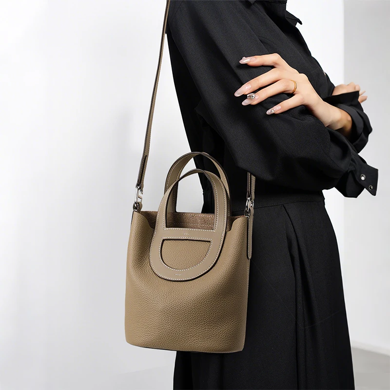 

Genuine cowhide leather women's handbag, lychee pattern bucket bag, single-shoulder crossbody storage bag, phone bag