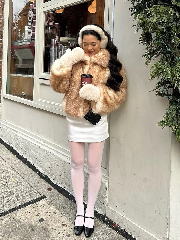 Winter New Spotted Pattern Faux Fur Jacket French Vintage Fashion Elegant Warm Thicken Loose Women's Plush Lapel Overcoat