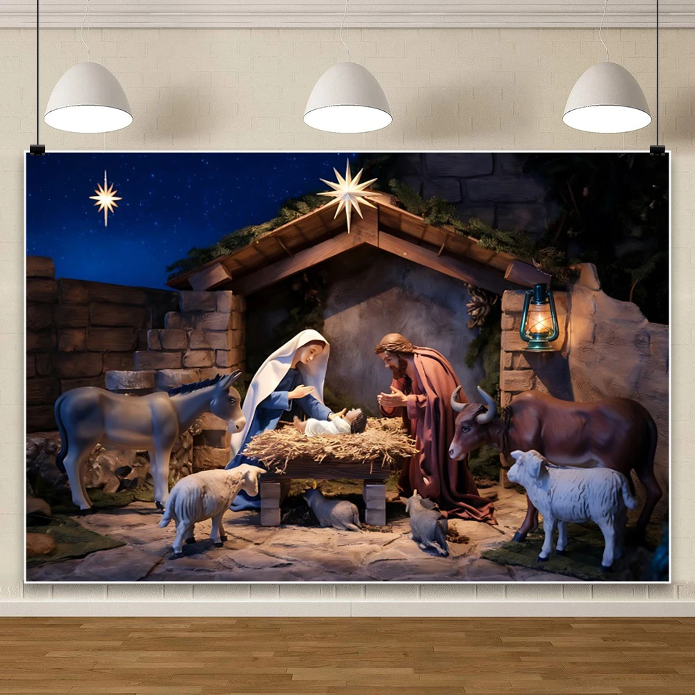 Christmas Birth of Jesus Photography Backdrop Holy Night Christ Nativity Scene Baby Family Party Background Photo Studio Props
