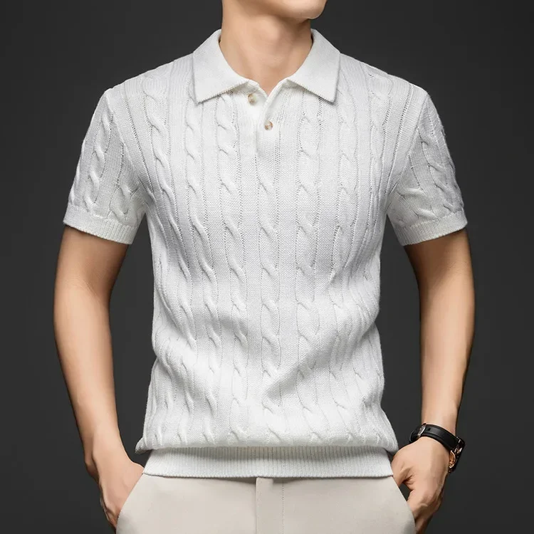 100% Baumwolle Herren Strick-Poloshirt Kurzarm Baumwolle Zopfmuster Retro Umlegekragen Lässiges Business-Oberteil – Detail 16
