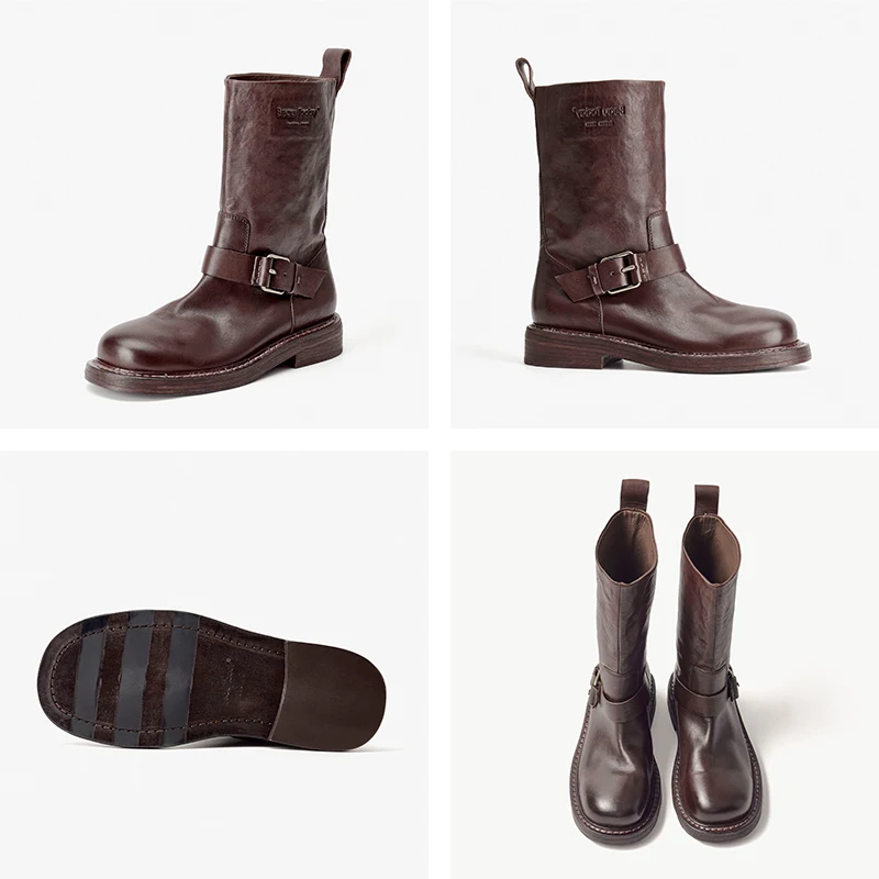 BEAUTODAY منتصف العجل أحذية النساء حقيقية الحصان الجلود الخياطة تصميم بلون الانزلاق على أحذية السيدات اليدوية 03158