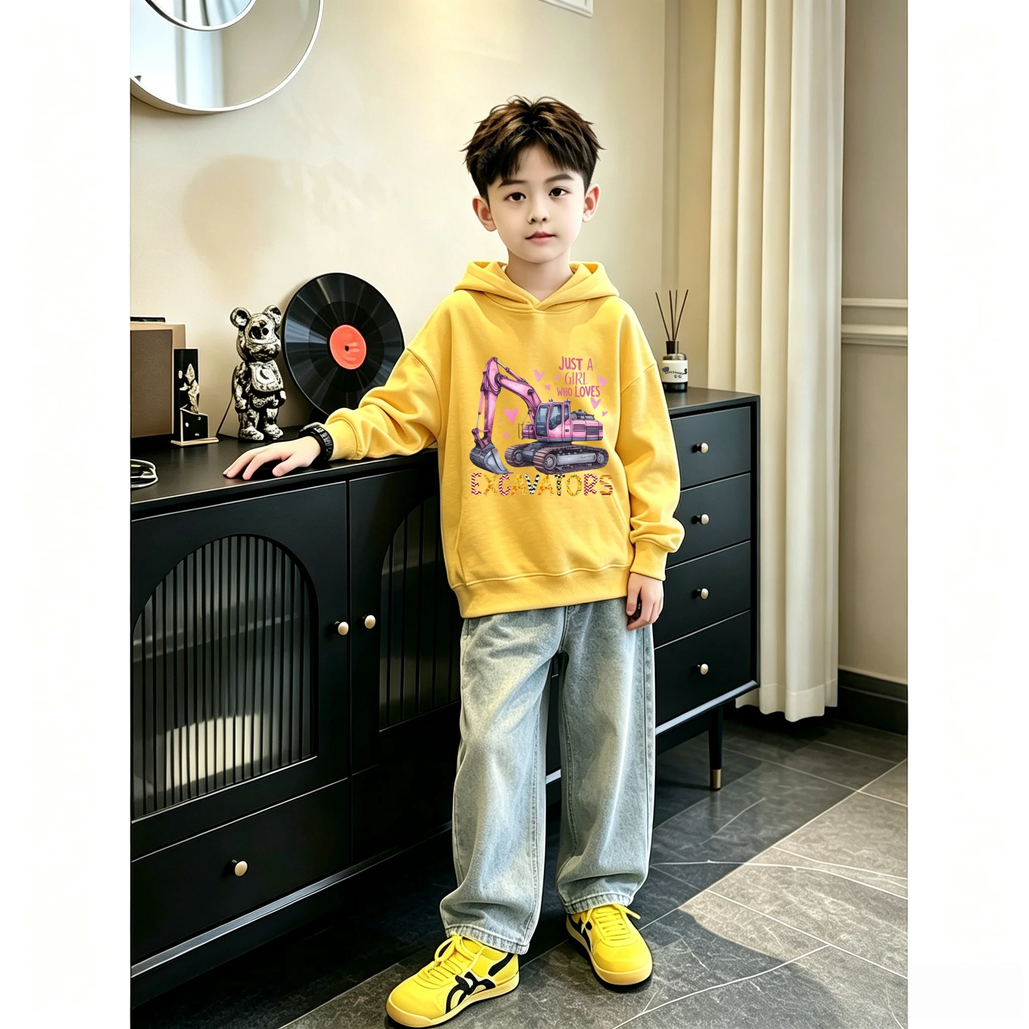 Autumn/Winter Children's Casual Hooded Sweatshirt - Boys' and Girls'-Excavator Construction Machinery Pattern Hooded Sport Shirt