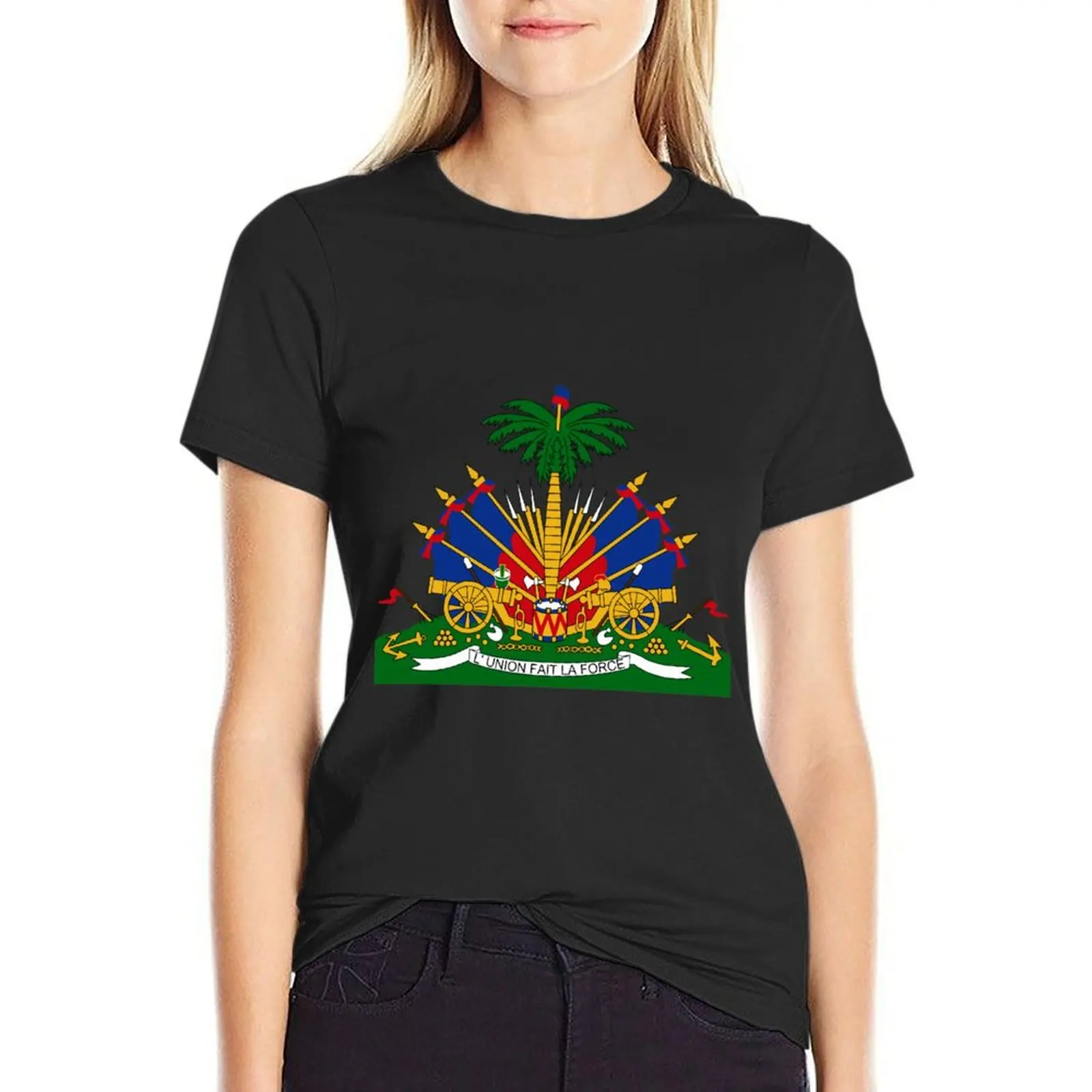 Haiti Emblem Coat Of Arms Flag Symbol L'union Fait La Force T-Shirt summer clothes anime clothes tight shirts for Women