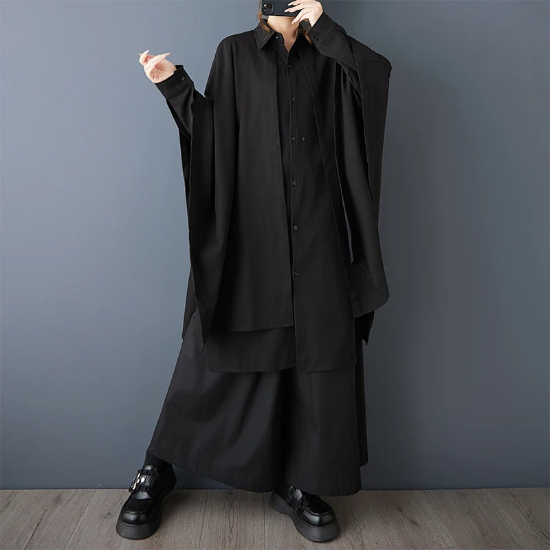 

SuperAen, дизайн в корейском стиле, черная асимметричная весна и осень 2024, новая рубашка с длинными рукавами, модная свободная рубашка средней длины